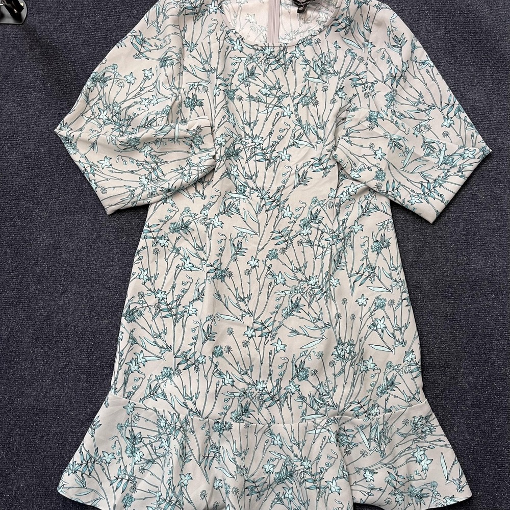 Banana Republic Dress Womens 16 Beige Floral Ruffle Hem Long Sleeve Sheath